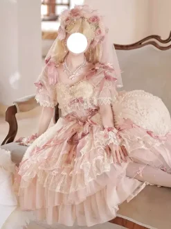 Robe de mariée Lolita rose style ballet ornée de n艙uds et de volants avec traîne.