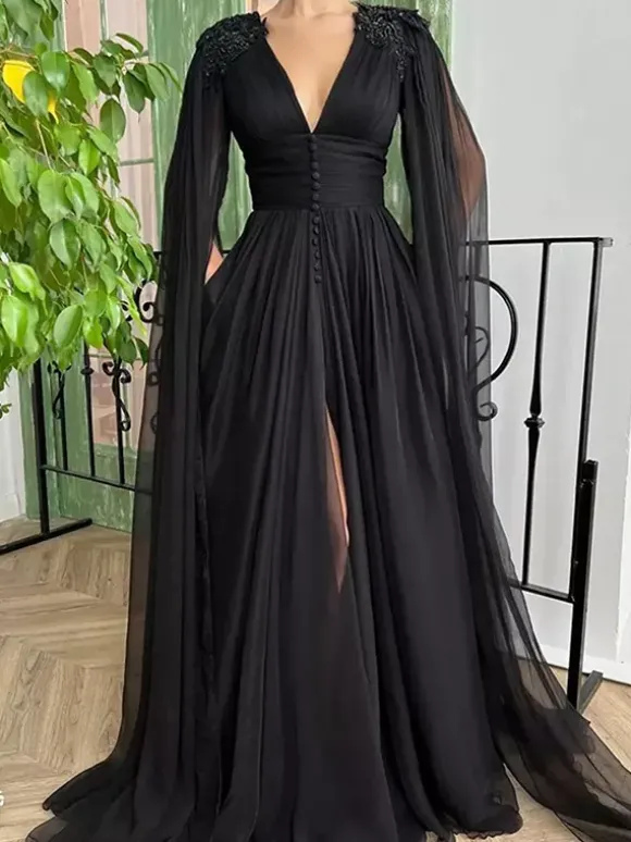 Robe de mariée noire robe de soirée robe de bal col en V mousseline longueur au sol perles robes de soirée