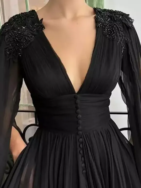 Robe de mariée noire robe de soirée robe de bal col en V mousseline longueur au sol perles robes de soirée