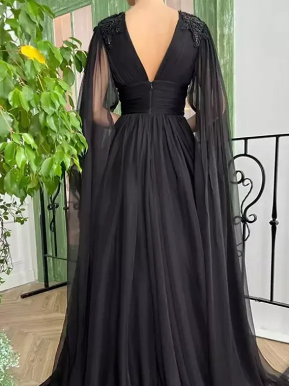 Robe de mariée noire robe de soirée robe de bal col en V mousseline longueur au sol perles robes de soirée