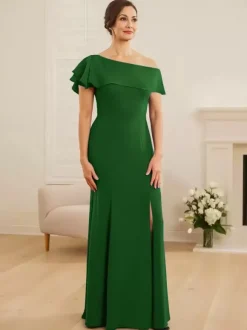 Robe de mariée pour mère asymétrique épaule dénudée manches courtes sirène volants robes d'invitées de mariage