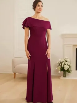 Robe de mariée pour mère asymétrique épaule dénudée manches courtes sirène volants robes d'invitées de mariage