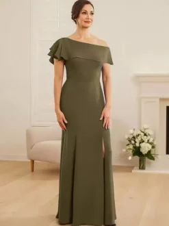 Robe de mariée pour mère asymétrique épaule dénudée manches courtes sirène volants robes d'invitées de mariage