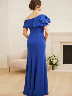 Robe de mariée pour mère asymétrique épaule dénudée manches courtes sirène volants robes d'invitées de mariage