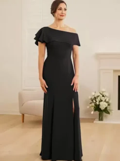Robe de mariée pour mère asymétrique épaule dénudée manches courtes sirène volants robes d'invitées de mariage