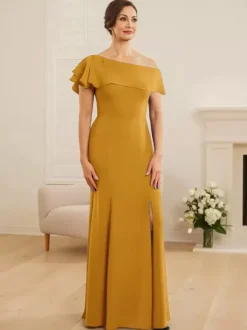Robe de mariée pour mère asymétrique épaule dénudée manches courtes sirène volants robes d'invitées de mariage