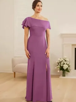 Robe de mariée pour mère asymétrique épaule dénudée manches courtes sirène volants robes d'invitées de mariage