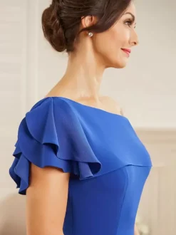 Robe de mariée pour mère asymétrique épaule dénudée manches courtes sirène volants robes d'invitées de mariage