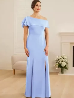 Robe de mariée pour mère asymétrique épaule dénudée manches courtes sirène volants robes d'invitées de mariage