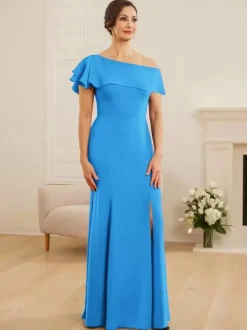 Robe de mariée pour mère asymétrique épaule dénudée manches courtes sirène volants robes d'invitées de mariage