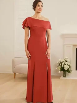 Robe de mariée pour mère asymétrique épaule dénudée manches courtes sirène volants robes d'invitées de mariage