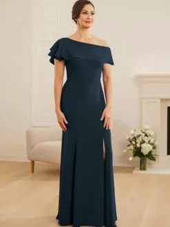 Robe de mariée pour mère asymétrique épaule dénudée manches courtes sirène volants robes d'invitées de mariage