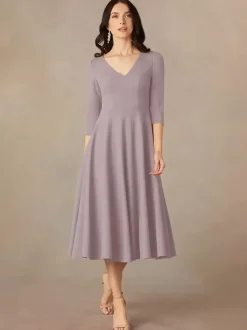 Robe de mariée pour mère col en V manches 3/4 robes d'invitées trapèze pour mariage