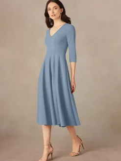 Robe de mariée pour mère col en V manches 3/4 robes d'invitées trapèze pour mariage