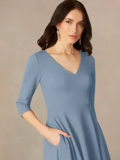 Robe de mariée pour mère col en V manches 3/4 robes d'invitées trapèze pour mariage