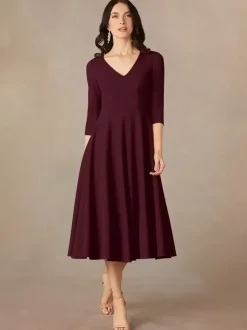 Robe de mariée pour mère col en V manches 3/4 robes d'invitées trapèze pour mariage
