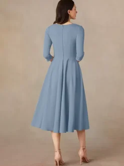 Robe de mariée pour mère col en V manches 3/4 robes d'invitées trapèze pour mariage