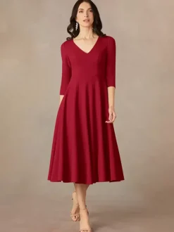 Robe de mariée pour mère col en V manches 3/4 robes d'invitées trapèze pour mariage