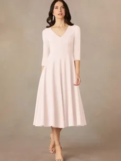 Robe de mariée pour mère col en V manches 3/4 robes d'invitées trapèze pour mariage