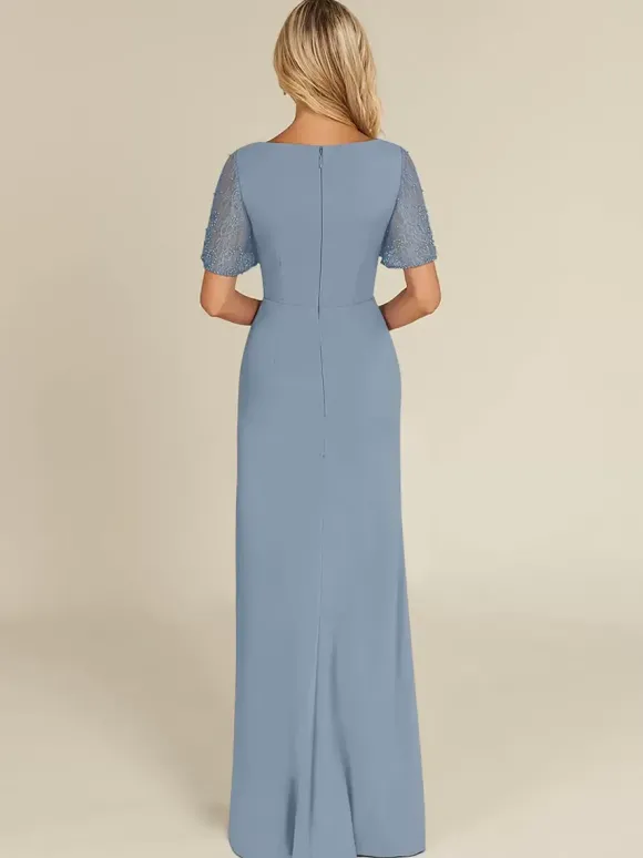 Robe de mariée pour mère col en v manches courtes gaine robes d'invitées perlées pour mariage