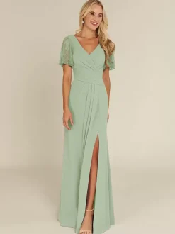 Robe de mariée pour mère col en v manches courtes gaine robes d'invitées perlées pour mariage