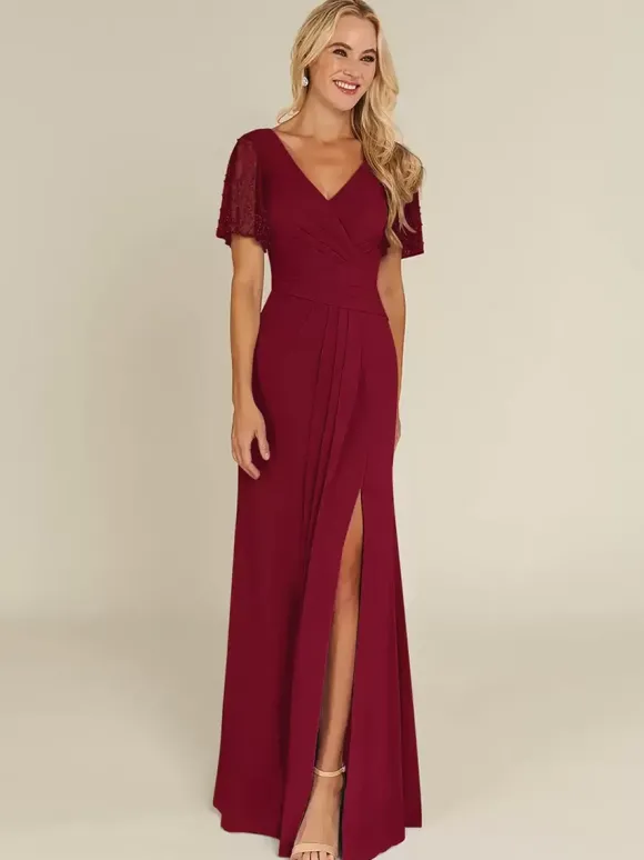 Robe de mariée pour mère col en v manches courtes gaine robes d'invitées perlées pour mariage