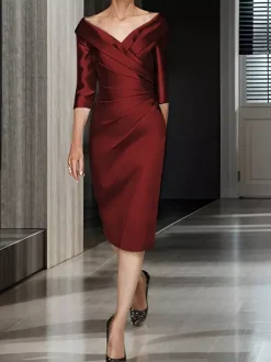 Robe de mariée pour mère col en V demi-manches ligne a robes d'invitées de mariage plissées