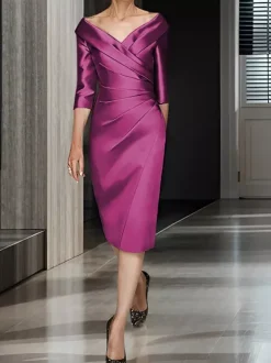 Robe de mariée pour mère col en V demi-manches ligne a robes d'invitées de mariage plissées