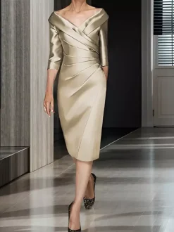 Robe de mariée pour mère col en V demi-manches ligne a robes d'invitées de mariage plissées