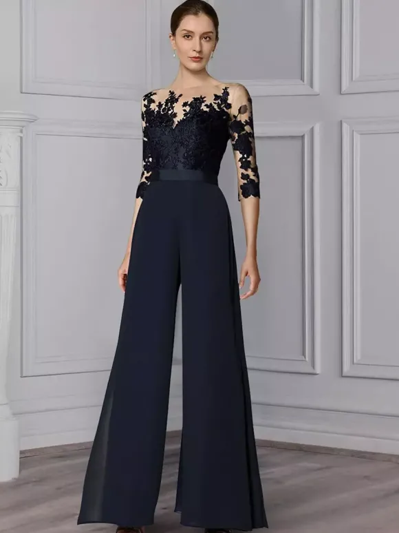 Robe de mariée pour mère col bijou demi-manches deux pièces en dentelle longueur au sol robes d'invitées de mariage