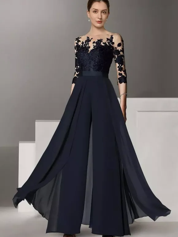 Robe de mariée pour mère col bijou demi-manches deux pièces en dentelle longueur au sol robes d'invitées de mariage