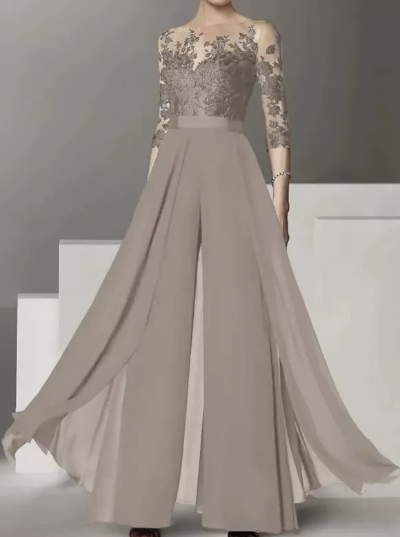 Robe de mariée pour mère col bijou demi-manches deux pièces en dentelle longueur au sol robes d'invitées de mariage