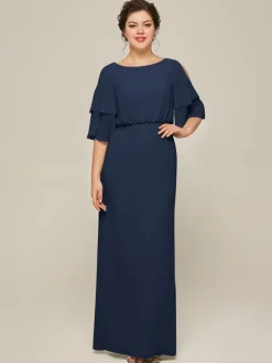 Robe de mariée pour mère col bijou manches courtes ligne a fendue sur le devant robes d'invitées de mariage