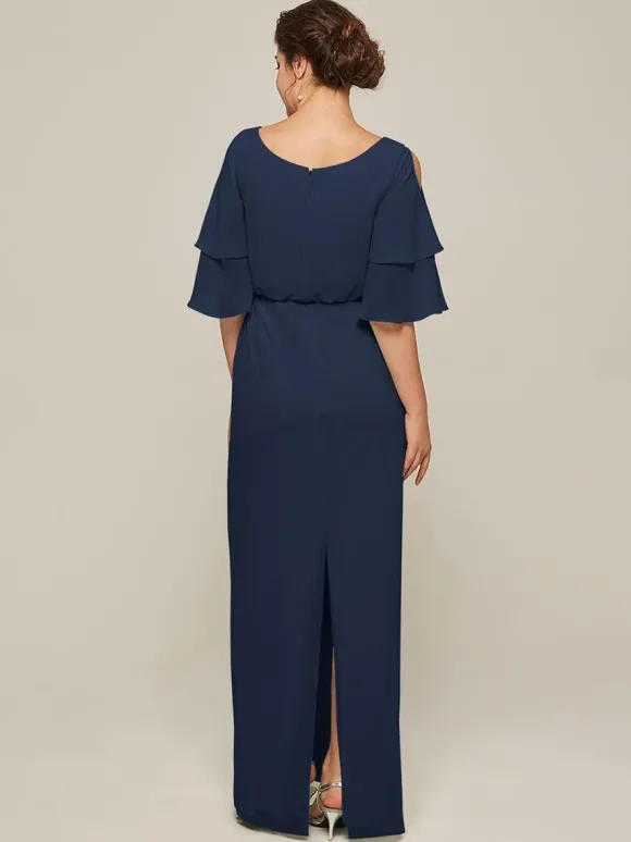 Robe de mariée pour mère col bijou manches courtes ligne a fendue sur le devant robes d'invitées de mariage