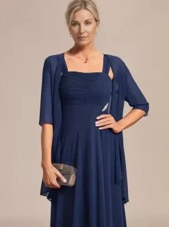 Robe de mariée pour mère col carré demi-manches ligne a robes d'invitées de mariage appliquées