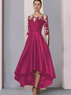 Robe de mariée pour mère col bijou manches 3/4 ligne a dentelle longueur thé robes d'invitées pour mariage