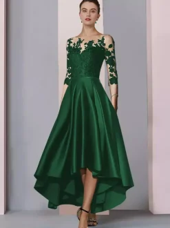 Robe de mariée pour mère col bijou manches 3/4 ligne a dentelle longueur thé robes d'invitées pour mariage