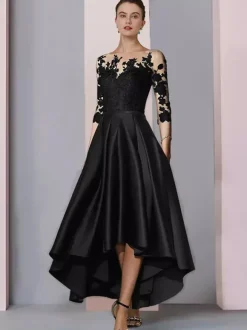Robe de mariée pour mère col bijou manches 3/4 ligne a dentelle longueur thé robes d'invitées pour mariage