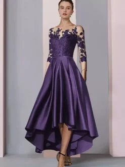 Robe de mariée pour mère col bijou manches 3/4 ligne a dentelle longueur thé robes d'invitées pour mariage