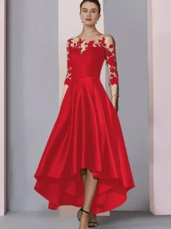 Robe de mariée pour mère col bijou manches 3/4 ligne a dentelle longueur thé robes d'invitées pour mariage