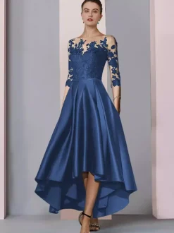 Robe de mariée pour mère col bijou manches 3/4 ligne a dentelle longueur thé robes d'invitées pour mariage