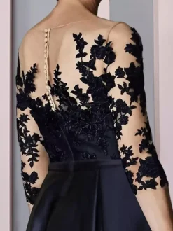 Robe de mariée pour mère col bijou manches 3/4 ligne a dentelle longueur thé robes d'invitées pour mariage