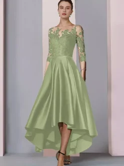 Robe de mariée pour mère col bijou manches 3/4 ligne a dentelle longueur thé robes d'invitées pour mariage