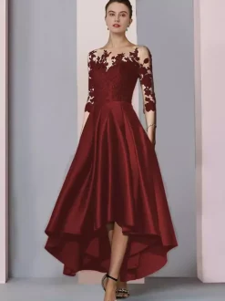 Robe de mariée pour mère col bijou manches 3/4 ligne a dentelle longueur thé robes d'invitées pour mariage