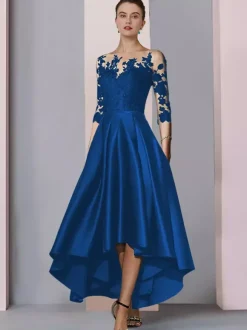 Robe de mariée pour mère col bijou manches 3/4 ligne a dentelle longueur thé robes d'invitées pour mariage