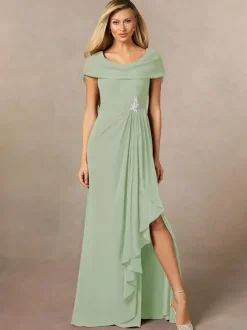 Robe de mariée pour mère de la mariée col en V manches courtes ligne a plissée longueur au sol robes d'invitées de mariage