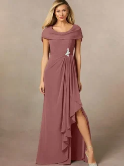 Robe de mariée pour mère de la mariée col en V manches courtes ligne a plissée longueur au sol robes d'invitées de mariage