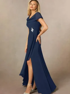 Robe de mariée pour mère de la mariée col en V manches courtes ligne a plissée longueur au sol robes d'invitées de mariage