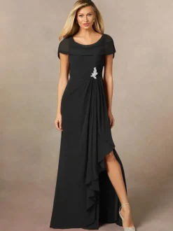 Robe de mariée pour mère de la mariée col en V manches courtes ligne a plissée longueur au sol robes d'invitées de mariage