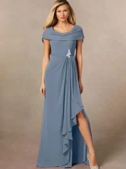 Robe de mariée pour mère de la mariée col en V manches courtes ligne a plissée longueur au sol robes d'invitées de mariage